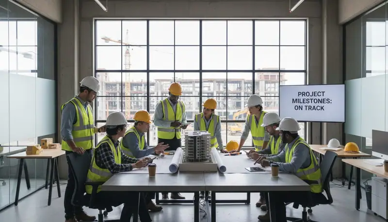 Diverse construction professionals collaborating around table reviewing blueprints and project plans in modern construction site office