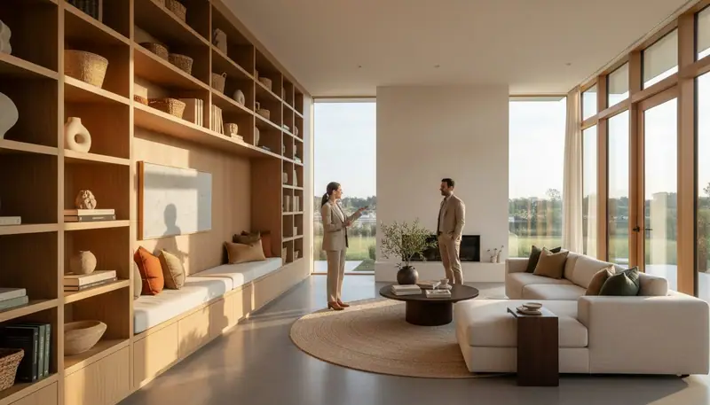 Designer and homeowner discussing custom-built living room with integrated shelving and thoughtfully styled furnishings in golden light