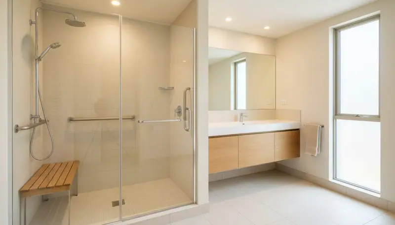 Renovated accessible bathroom with walk-in shower, grab bars, bench seating, and slip-resistant flooring in warm, modern design