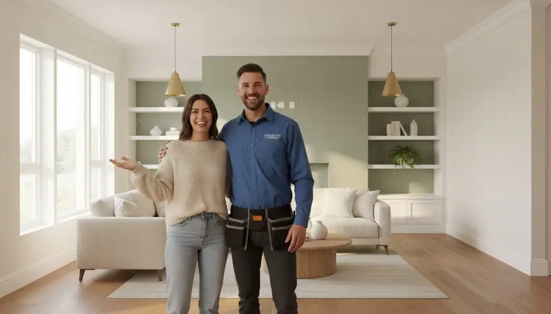 Contractor and satisfied homeowner standing together in newly renovated bright living room with hardwood flooring