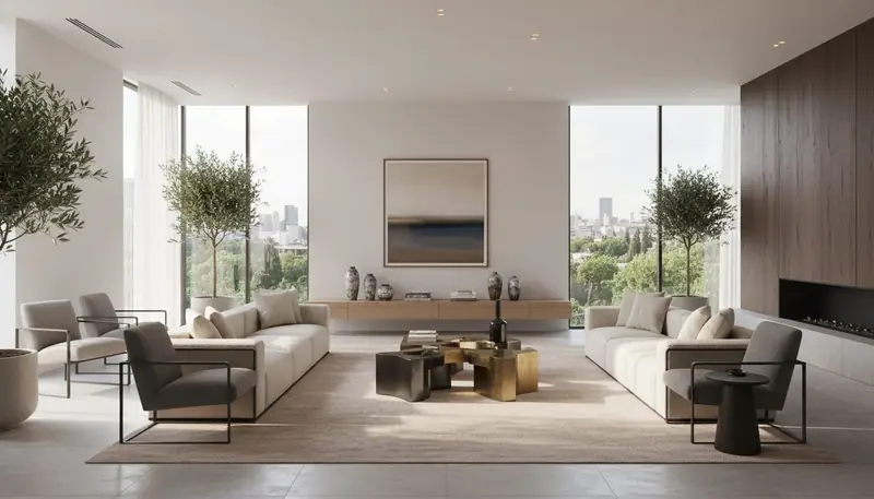 Contemporary living room with sculptural accent furniture piece as bold focal point, natural lighting, minimalist design