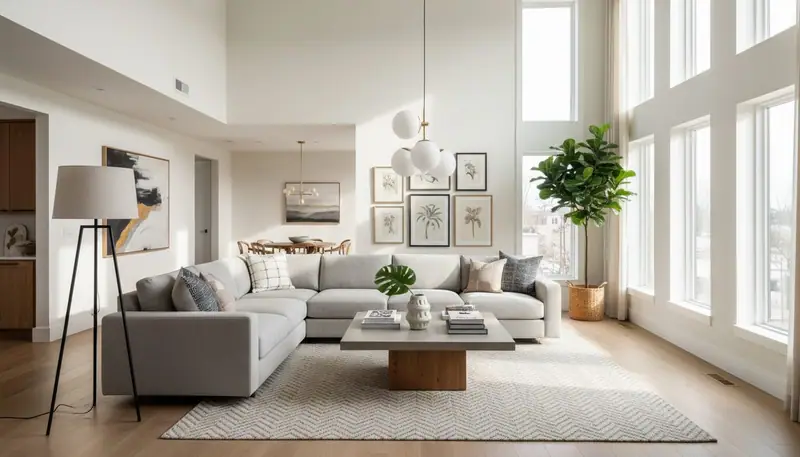 Modern redesigned living room with contemporary furniture, neutral palette, natural lighting, and cohesive interior design aesthetic