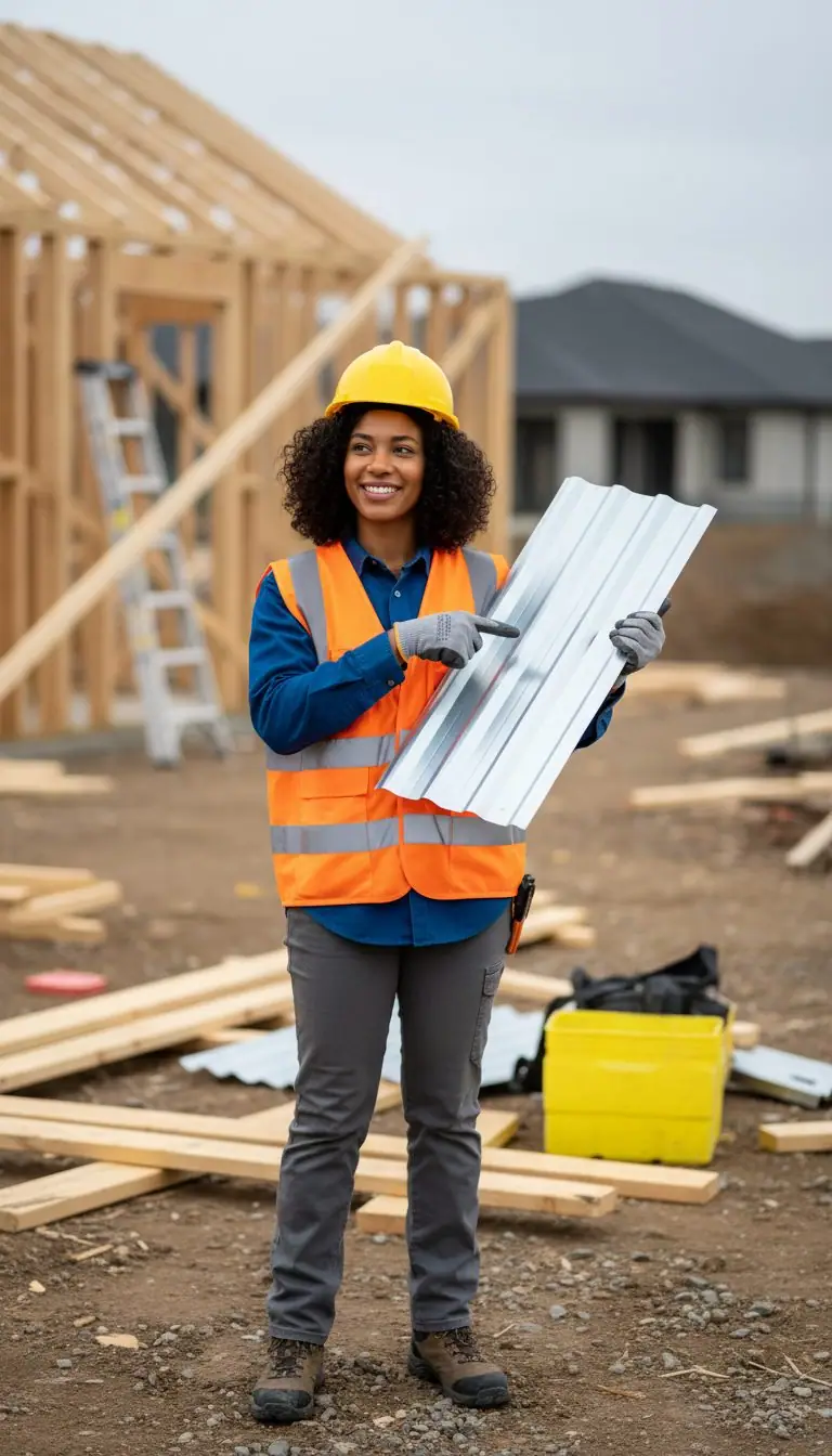 Construction contractor at residential job site examining metal roofing sheet sample while wearing safety equipment