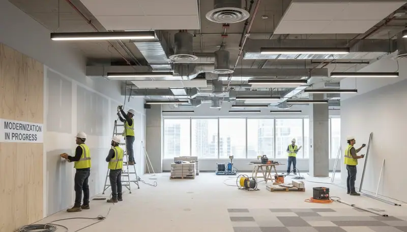 Commercial office space undergoing renovation with multiple contractors installing electrical, lighting, and HVAC systems