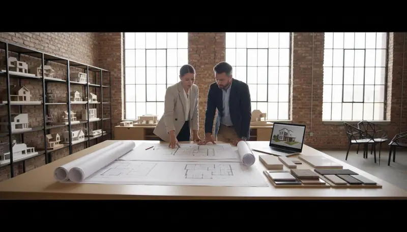 Architect and homeowners reviewing detailed floor plans and design renderings at drafting table in modern studio