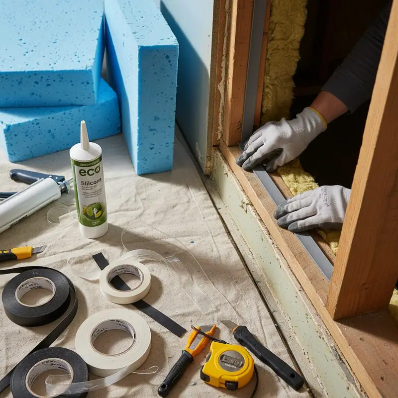 Technician's hands working with weatherization materials including insulation, weather-stripping, and sealant supplies