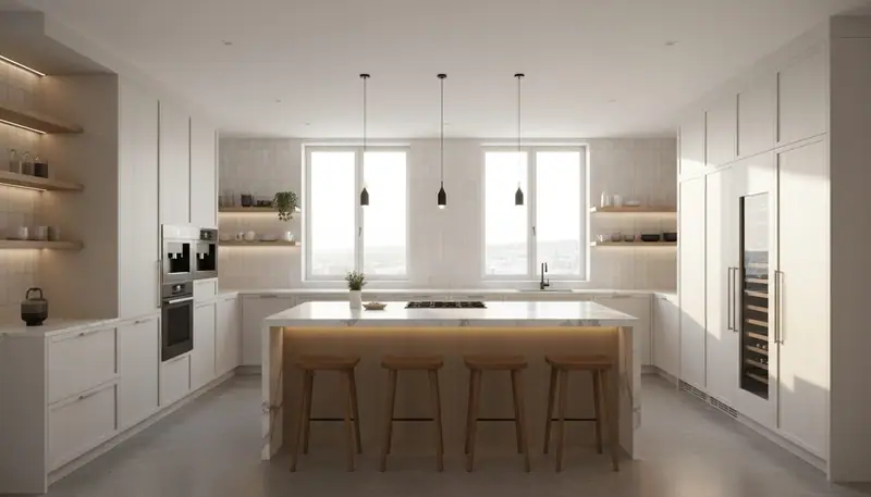 Completely renovated contemporary kitchen featuring custom white cabinetry, quartz island, modern lighting, and open floor plan design