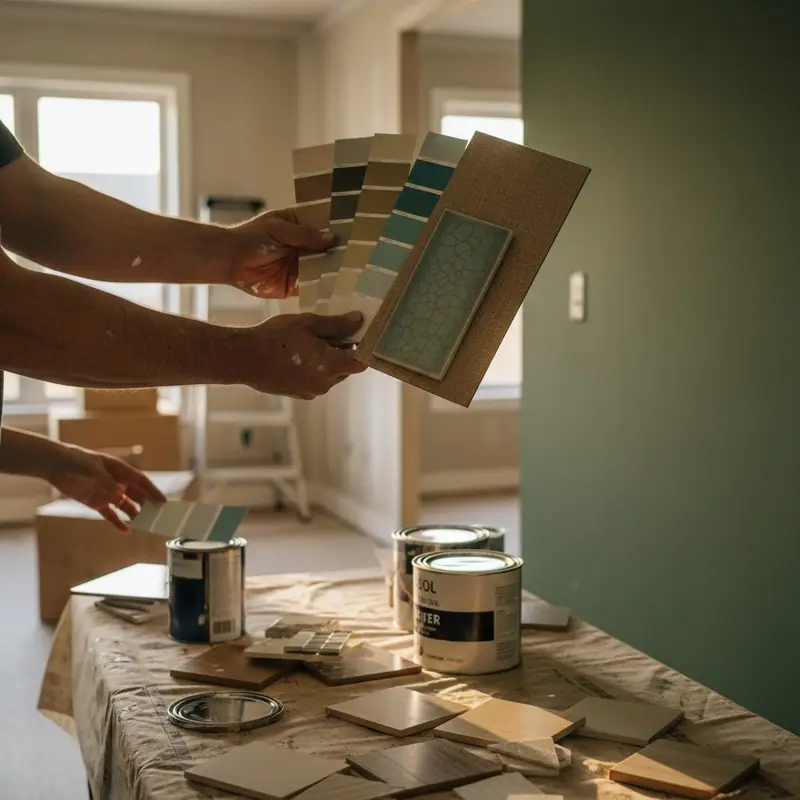 Contractor's hands comparing paint swatches and material samples during design consultation with homeowner