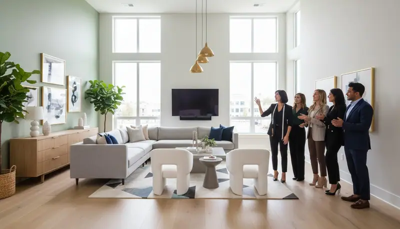 Modern living room redesign with diverse professionals and clients examining newly transformed space with contemporary furnishings and natural lighting