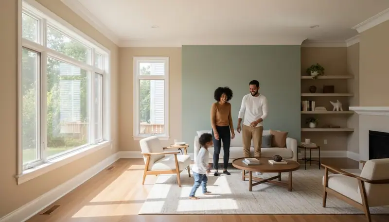 Bright renovated living room with newly painted walls and trim, family enjoying the freshly transformed space