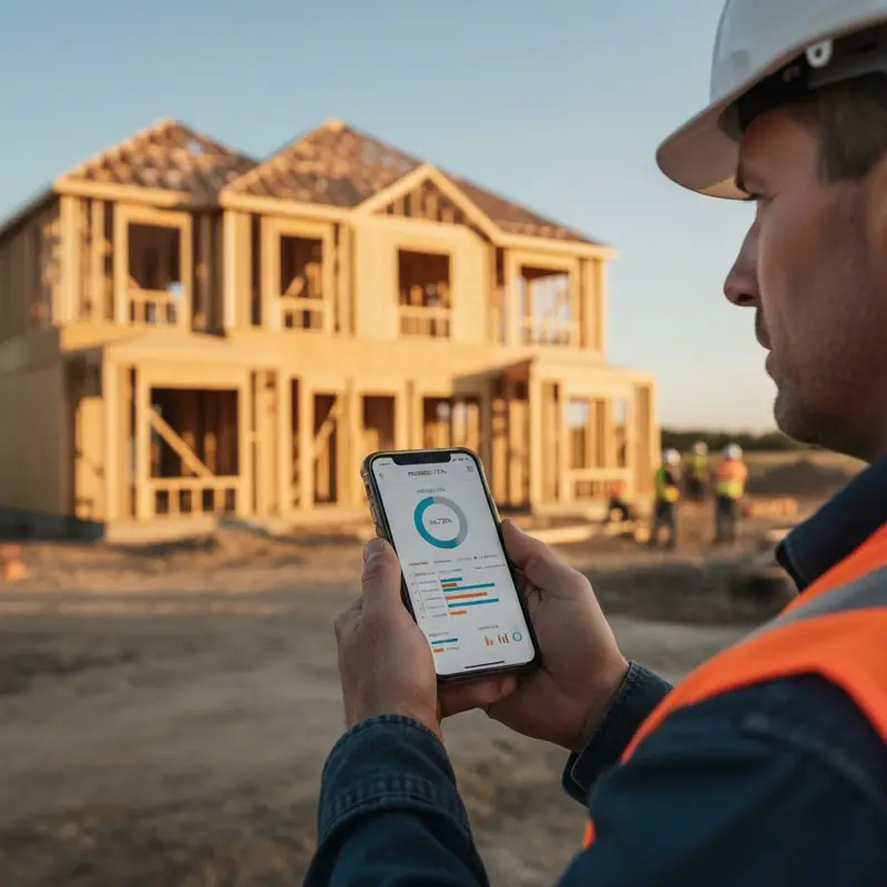 Construction consultant in safety gear viewing project management app on smartphone at active residential construction site