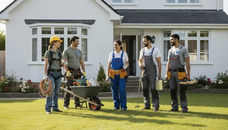 Diverse team of licensed contractors standing in front of residential home with tools and safety equipment