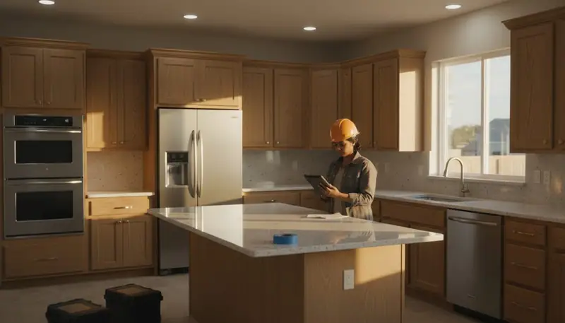 Professional tradesperson inspecting newly renovated kitchen with custom cabinetry, granite counters, and stainless appliances