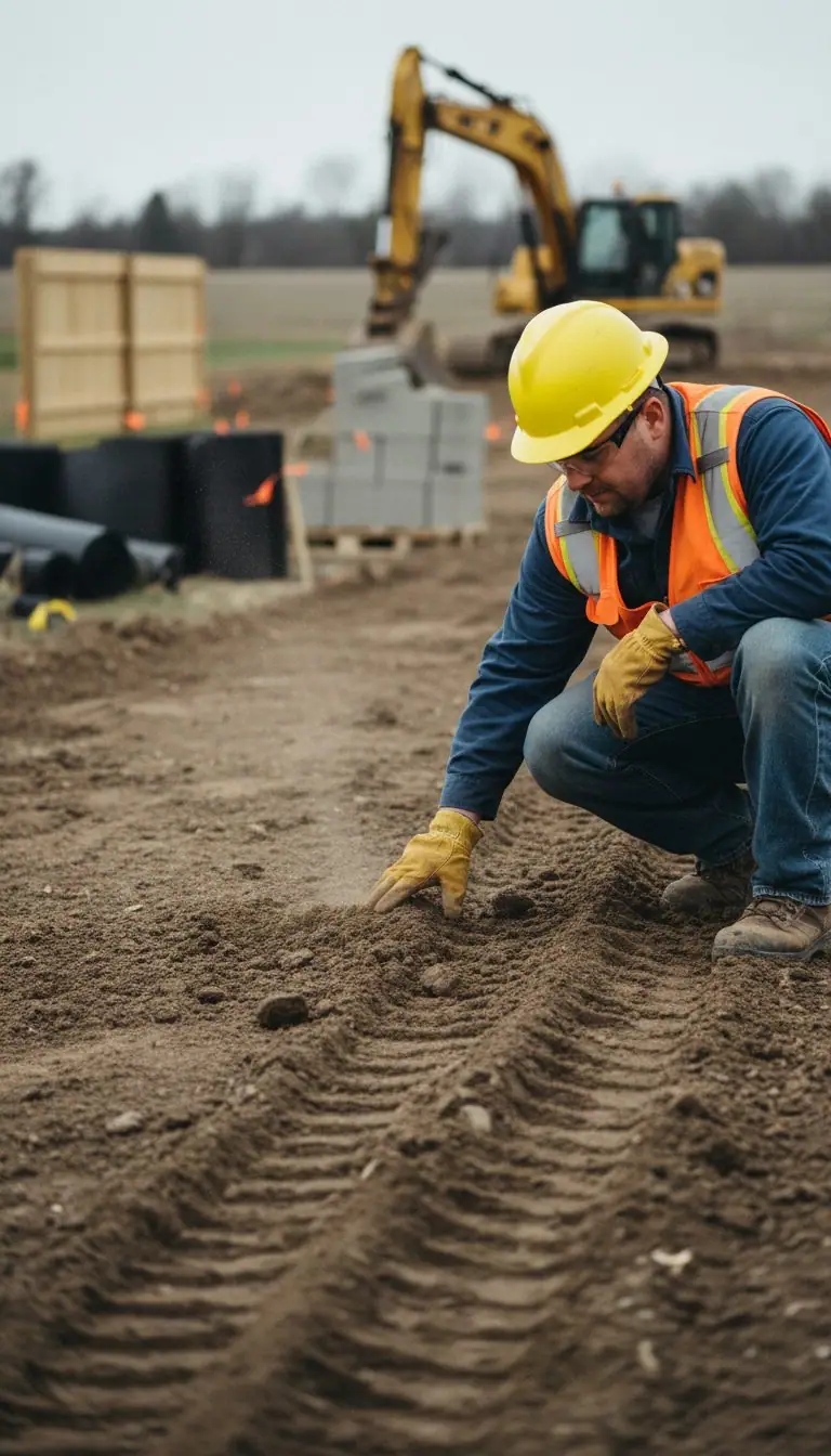 Construction worker in safety gear inspecting and testing soil quality on prepared residential foundation lot
