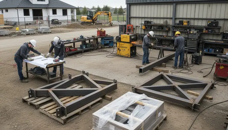 Professional metalworking team collaborating on fabrication projects in outdoor workshop with completed steel structures and landscaping work visible