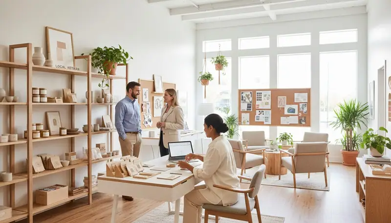 Modern boutique service space with diverse team providing personalized consultations and displaying customized offerings to clients