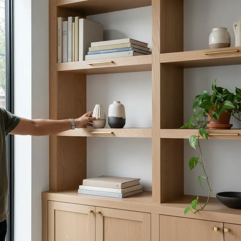 Close-up of built-in white oak shelving with books, plants, and natural light in modern residential home interior