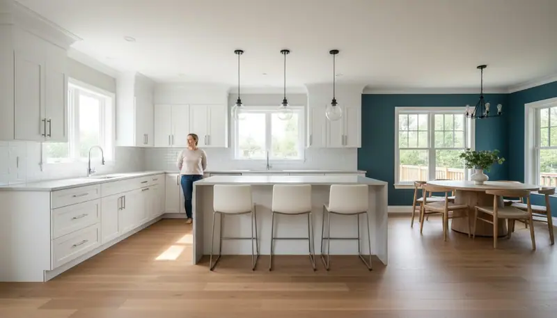Newly renovated residential kitchen with modern cabinetry, updated countertops, contemporary lighting, and dining area with homeowner