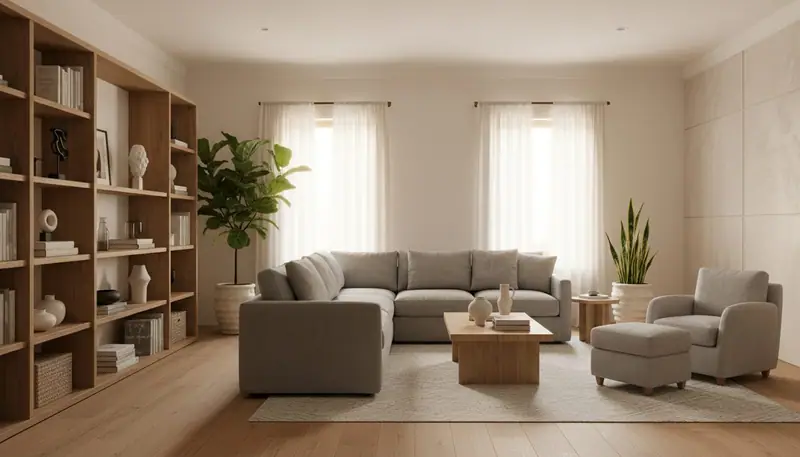 Minimalist residential living room with neutral furnishings, natural wood elements, and soft afternoon light through large windows