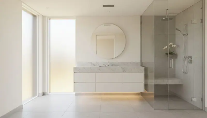 Bright, modern renovated bathroom featuring marble vanity, chrome fixtures, and frameless glass shower enclosure