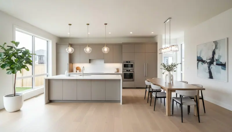 Newly completed modern kitchen with custom cabinetry, island, and open-concept dining area in renovated residential home